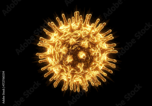 Golden Virus Particle with Spikes on Black Background.