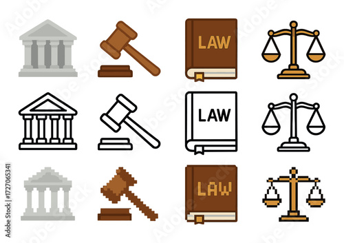 Legal symbols: courthouse, gavel, law book, scales of justice in gradient icon set