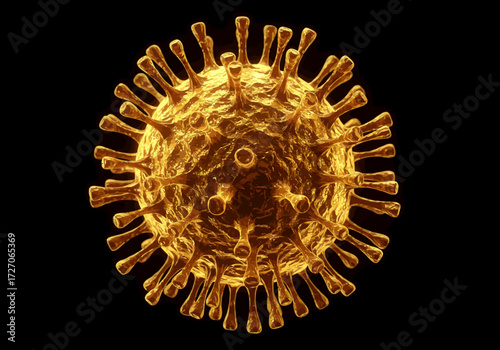 Golden Virus Particle with Spikes on Black Background.