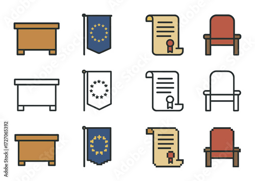 Graphic icons of furniture, flags, and documents on brown background