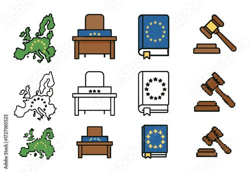 European union symbols with maps, flags, and gavels illustrating governance and justice