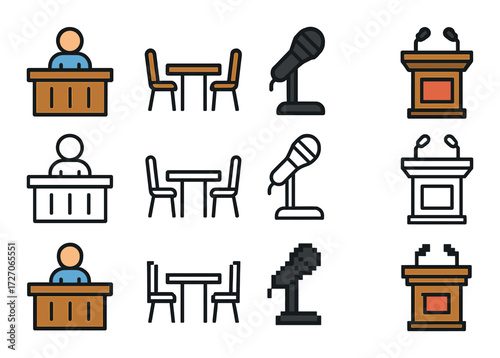Icon set of desks, chairs, and microphones for conferences and events
