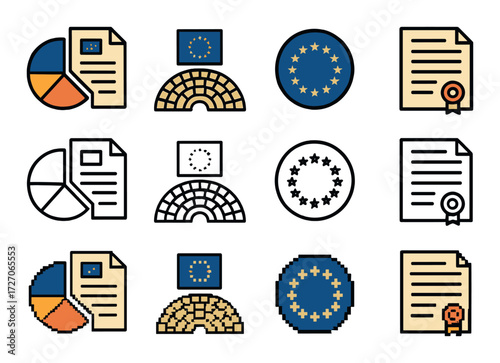 Icons representing eu parliament, documents, and charts with color variations