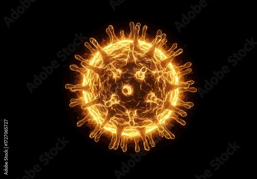 Golden Virus Particle with Spikes on Black Background.