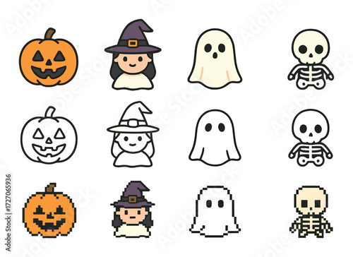 Halloween icons featuring witch, ghost, skeleton, jack-o'-lantern in pixel and outline styles
