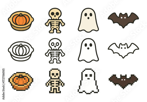 Spooky halloween icons with ghosts, skeletons, bats, and pumpkins in retro style