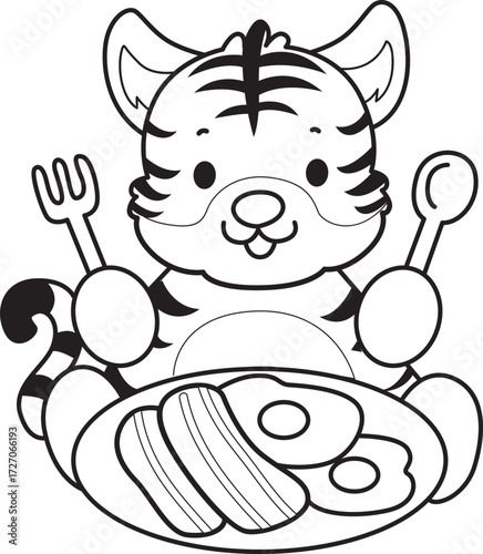 Coloring book of cute tiger character vector clip art for children.  