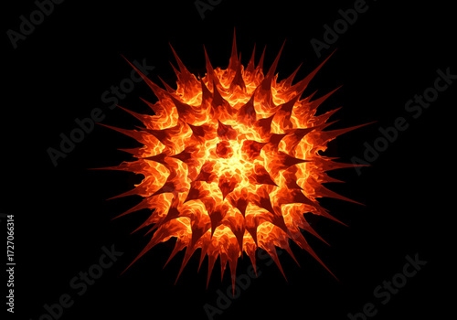 Fiery Abstract Burst with Sharp Spikes on Black Background.
