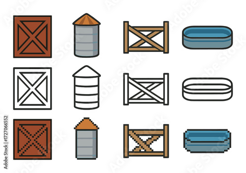 Retro pixel art farm icons set with barn silos hay storage and water trough
