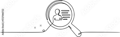 Magnifying glass with profile icon continuous one line drawing. Human Resources Sketchy Doodle Vector Line Icon with Editable Stroke.