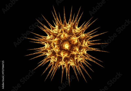 Golden Spiked Abstract Sphere on Black Background.