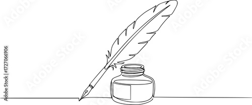 Inkwell and pen continuous line drawing. One line feather with ink vector illustration, Continuous One line drawing of Traditional Quill and Ink. Traditional feather quill with a basic ink bottle.
