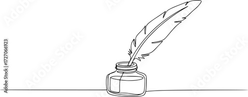 Inkwell and pen continuous line drawing. One line feather with ink vector illustration, Continuous One line drawing of Traditional Quill and Ink. Traditional feather quill with a basic ink bottle.