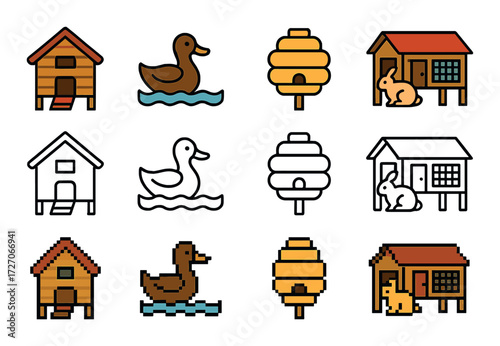 Colorful animal house icons with ducks, rabbits, and beehives