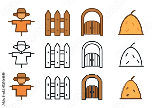 Rustic farm icons set featuring scarecrow, fence, gate, and haystack in warm tones