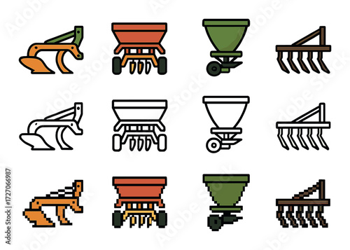 Colorful outline icons of various farming and agricultural equipment