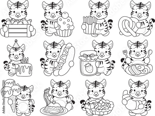Coloring book of cute tiger character vector clip art for children.  