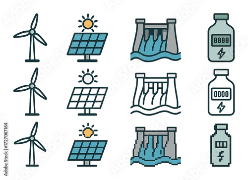 Renewable energy icons: wind turbine, solar panel, hydroelectric dam, energy storage