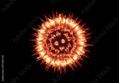 Fiery Spiked Sphere on Black Background.