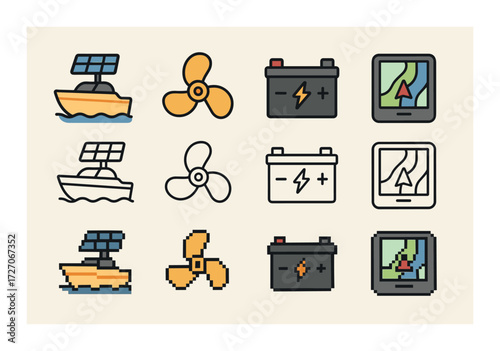 Solar boat propeller battery and gps icons in pixel and flat styles