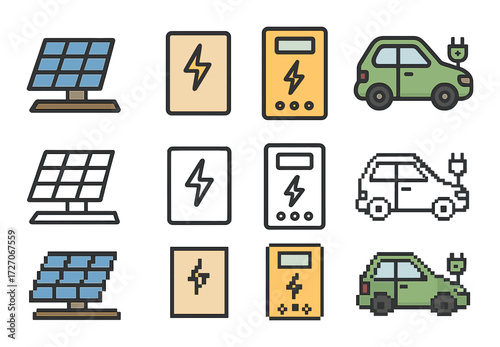 Pixel art sustainable energy icons: solar panels and electric cars