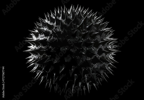 Spiky Black Sphere with Sharp Protrusions on Dark Background.