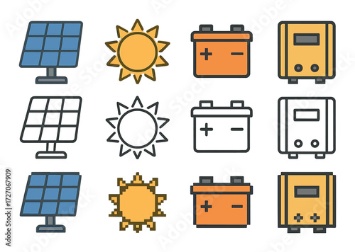 Renewable energy icons featuring solar panels, sun, batteries, and inverters in a repetitive pattern