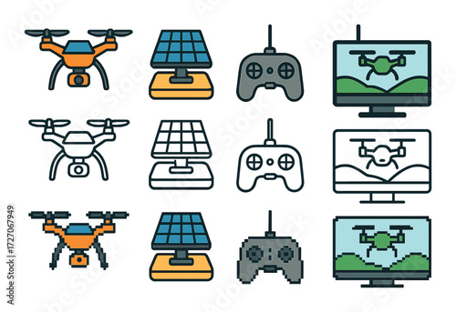 Drone technology icons with solar panels, controller, and monitors