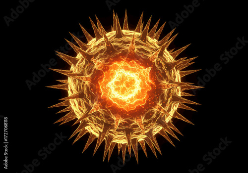 Microscopic View of a Spiked Virus Particle with Glowing Core.