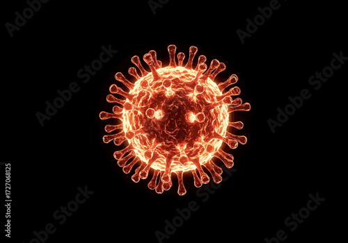 Glowing Red Coronavirus Particle with Spike Proteins on Black Background.