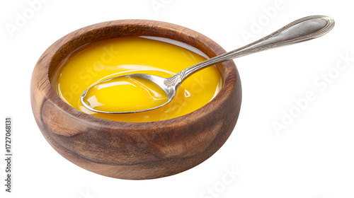 Wooden Bowl Filled with Golden Ghee and Silver Spoon clarified butter isolated on a transparent background