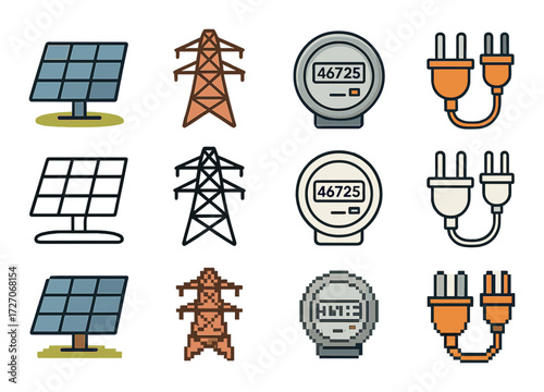Digital and pixel art icons of solar panels, electricity towers, meters, and power plugs