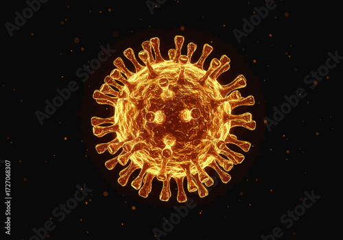 Detailed 3D Render of a Golden Coronavirus Particle.