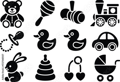 Baby toy icons vector illustration set including teddy bear, rattle, pacifier, stroller, rubber duck, train, car, rabbit, and shapes
