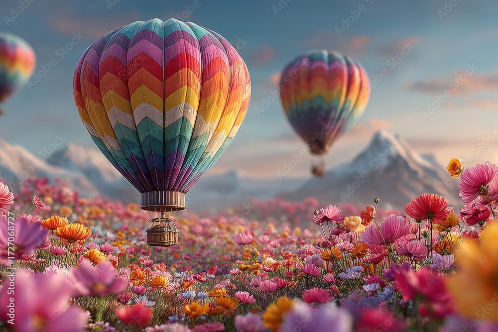Fototapeta premium Vibrant Hot Air Balloons Drifting Over a Field of Blooming Flowers