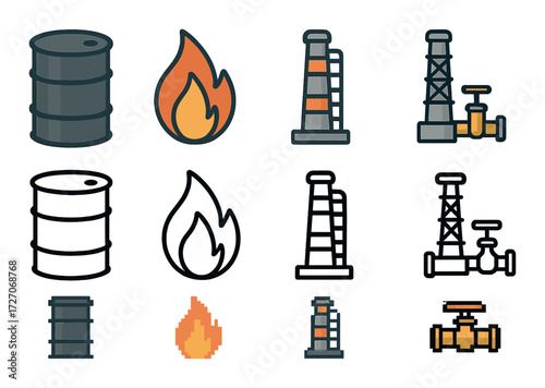 Set of industrial energy icons featuring oil drums, flames, and pipelines