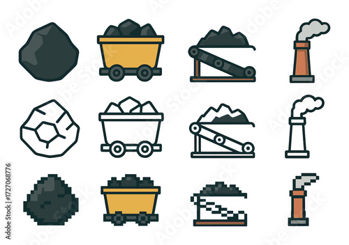 Coal mining icons set: carts, conveyor, smokestacks in pixel art style