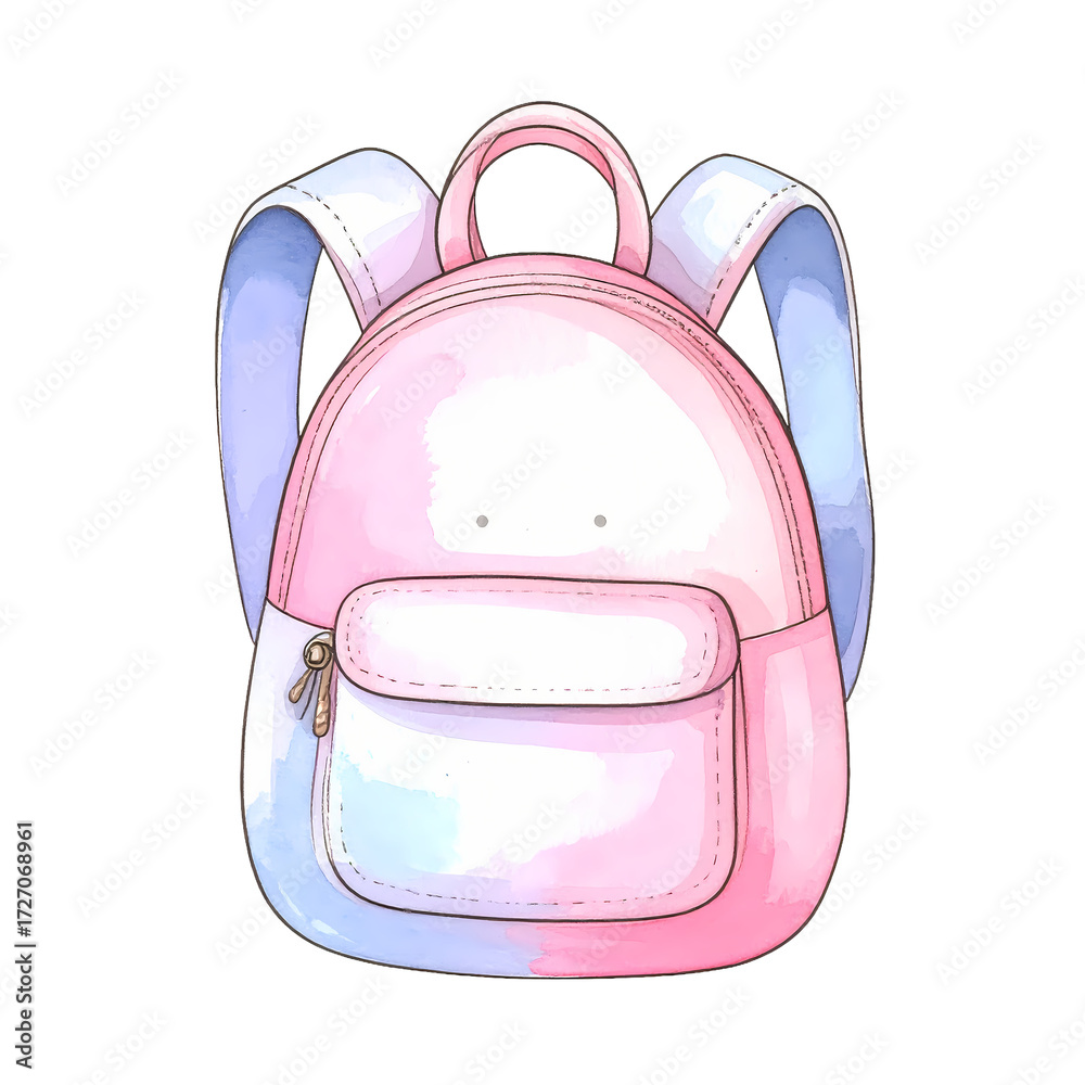 Fototapeta premium Watercolor-style rendering of a pastel-colored mini backpack with a white background, isolated.
