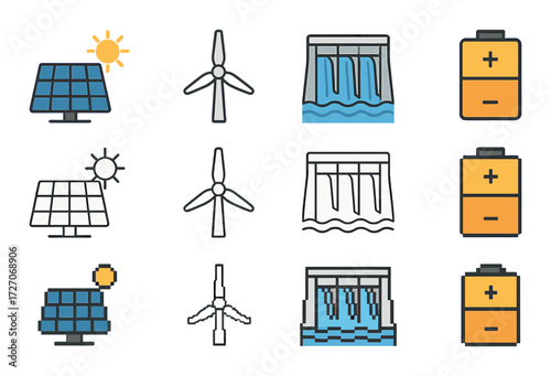Renewable energy icons featuring solar panels, wind turbines, hydroelectric power, and batteries