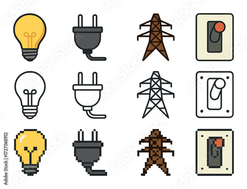 Pixel art electricity icons: light bulb, power plug, transmission tower, electric switch