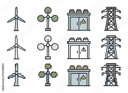 Renewable energy elements: wind turbines, transmission towers, and energy icons
