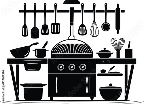 Black and white vector illustration of modern kitchen interior with cooking utensils, stove, pots, pans, whisk, and grill equipment.