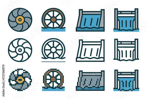 Icon set of watermills and waterfalls in various styles and colors