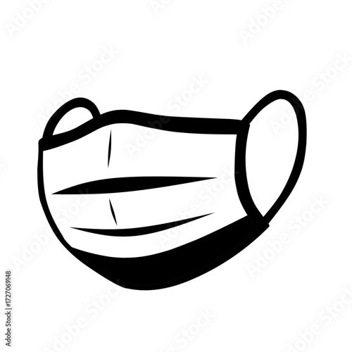 Black and white outline illustration of medical face mask, symbol of health, hygiene, and protection. Perfect for manuals, posters, and healthcare-related vector design materials