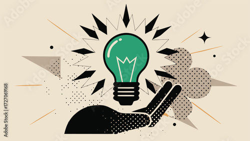 A hand holds a light bulb adorned with a star, symbolizing creativity and inspiration..eps