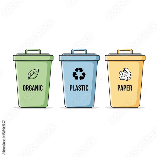 Set of three recycling bins labeled organic, plastic, and paper, highlighting waste separation and environmental awareness