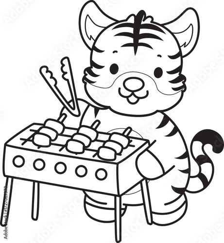 Coloring book of cute tiger character vector clip art for children.  