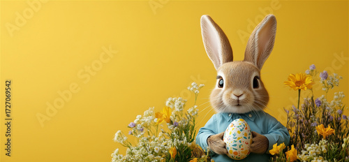 Easter bunny rabbit in blue shirt holding patterned egg among spring flowers on vibrant yellow background with copy space.
