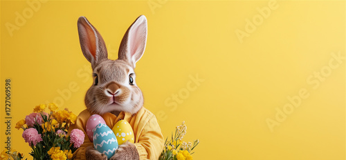 Easter bunny rabbit wearing yellow shirt holding colorful eggs and flowers against bright yellow background with copy space.