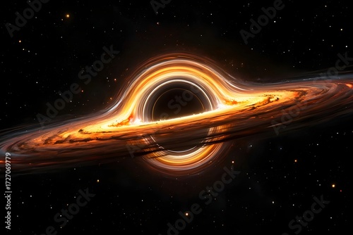 A black hole with an accretion disk surrounded by stars in the vast expanse of space